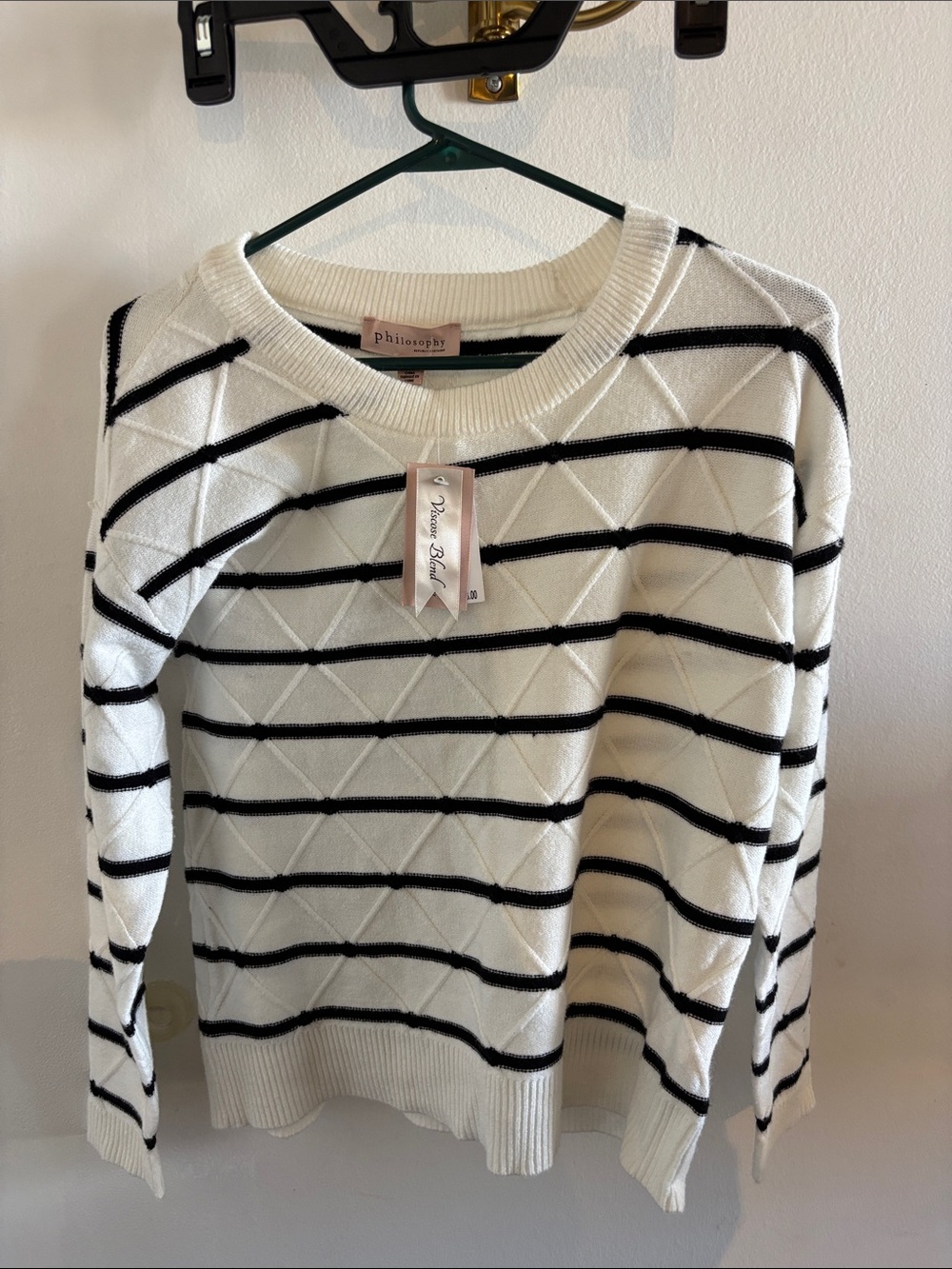 Philosophy White Crewneck Sweater with Black Stripes